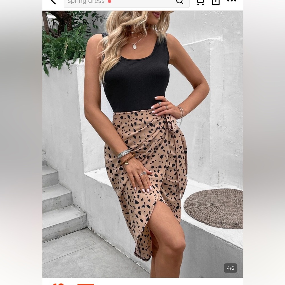 EMERY ROSE SHEIN Dalmatian Print Wrap MIDI Beige/Black Tank Dress sz L NWOT